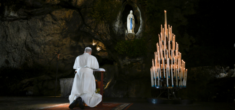 Pope Leo prays for the sick and suffering in the Lourdes grotto in France